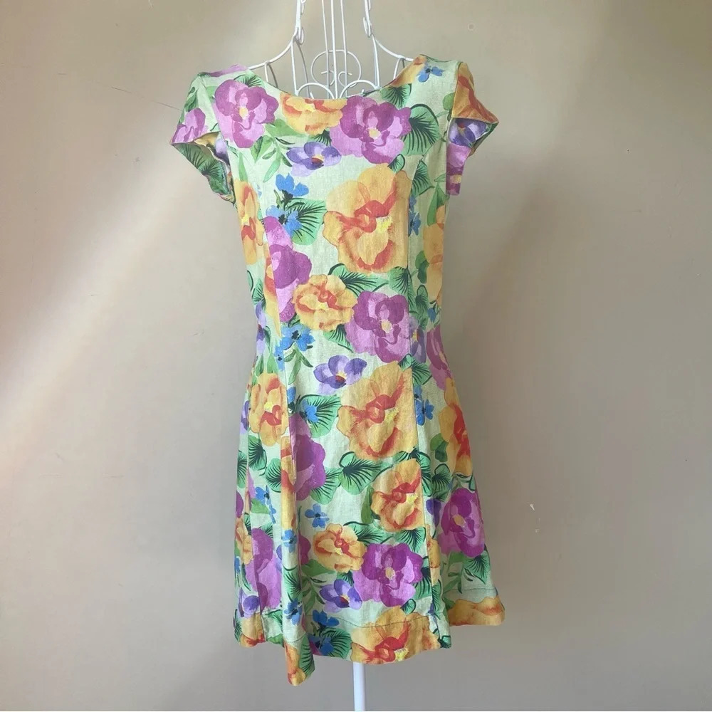 Farm Rio flower print linen viscose blend short sleeve mini dress size S
